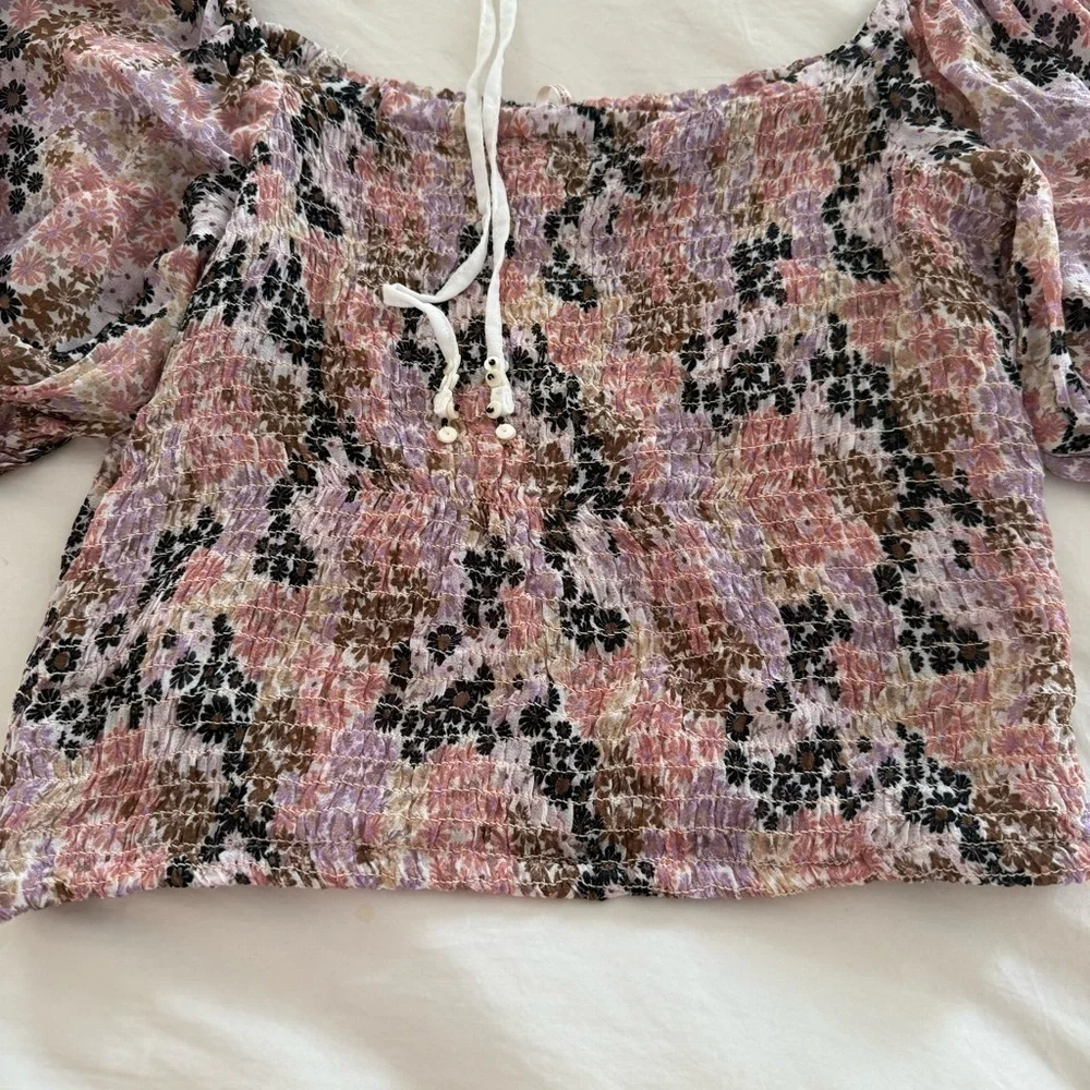 Free People Floral Smocked Puff Sleeve Top NWT